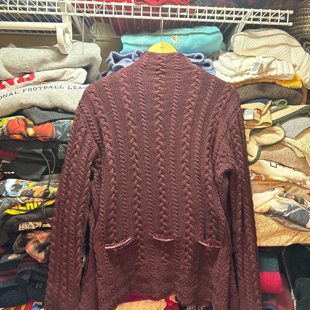 Ralph Lauren Maroon Cable Knit Sweater Cardigan Velvet Belt Large Bell Sleeve - Picture 5 of 8
